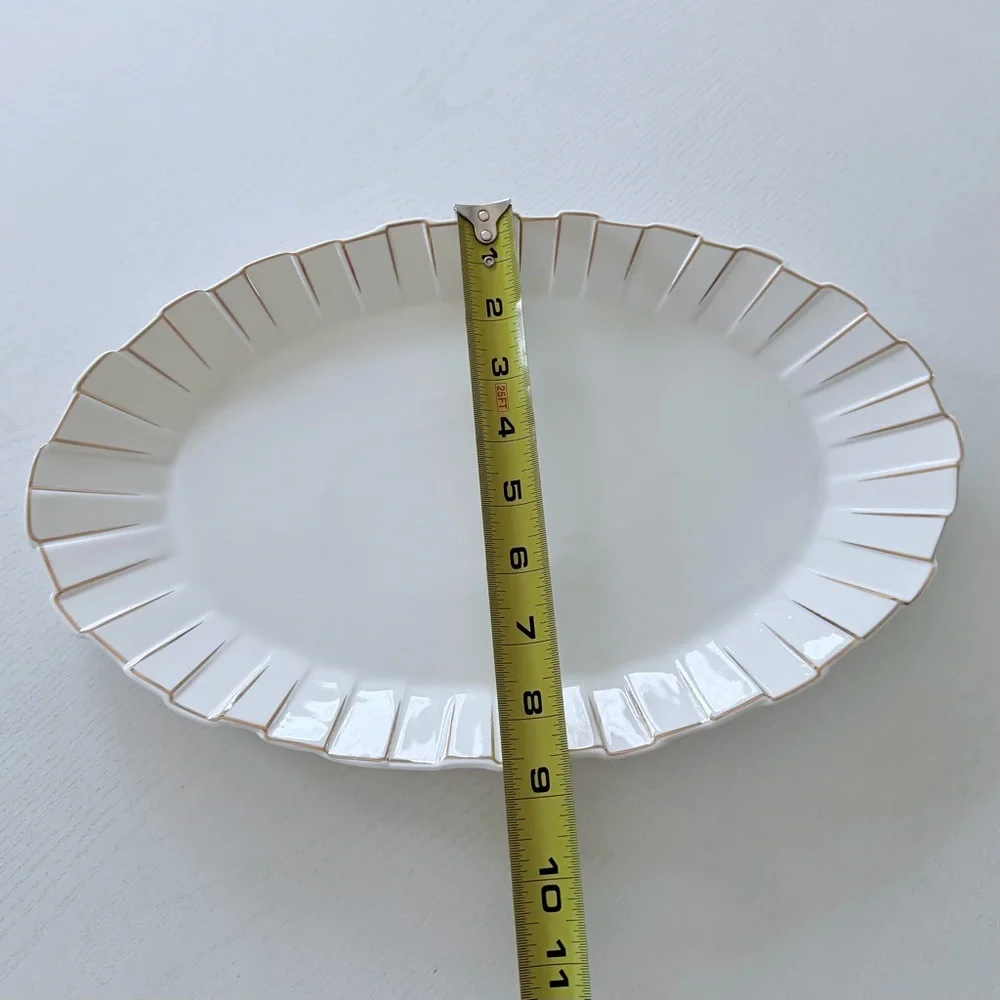 Oval Scalloped Ceramic Platter with Gold Tone Trim Accent